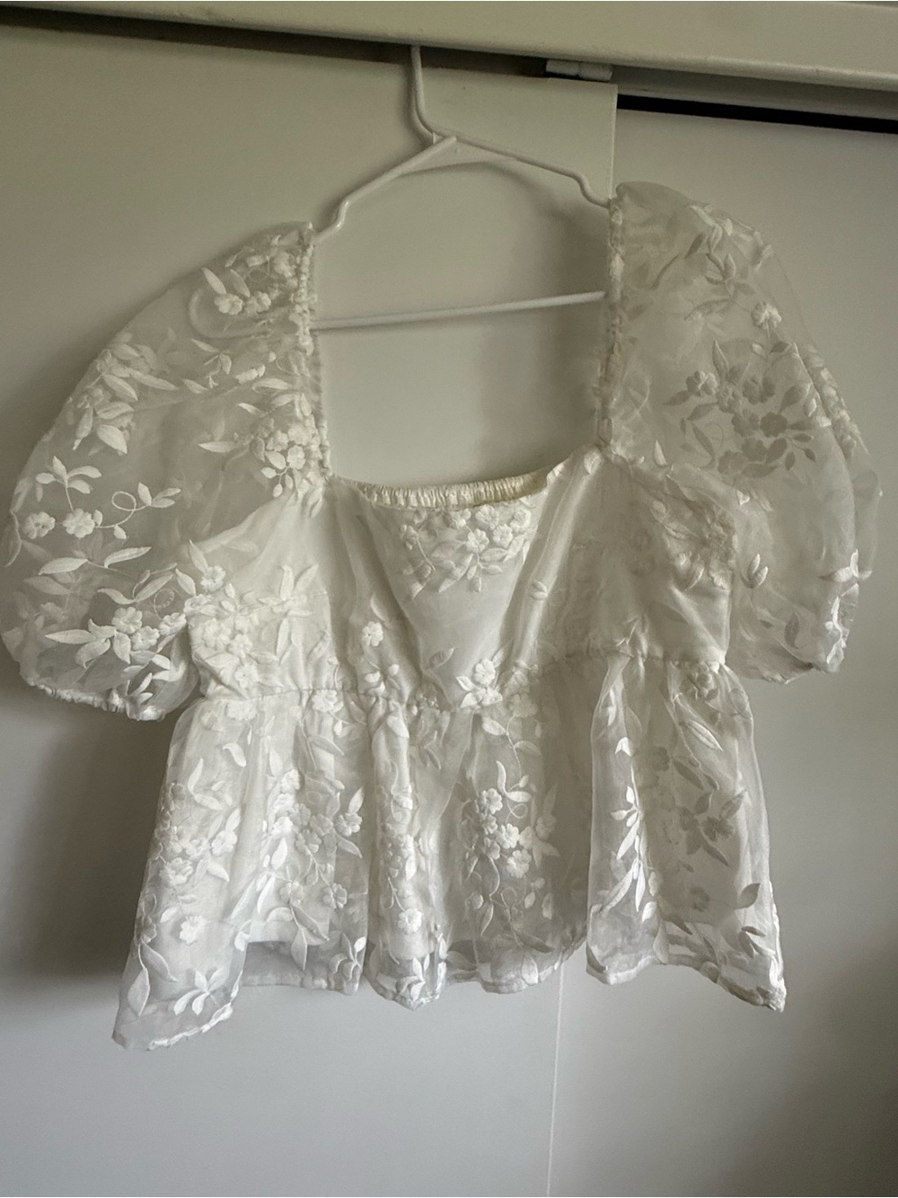 Altar'd State White Floral Lace Peplum Puff Sleeve Top
